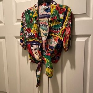 Clio Multicolor Abstract Tie-Front Blouse